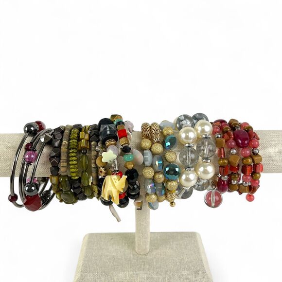 Bracelet Lot 6 Wire Coil Wrap Beaded Iridescent Colorful Charms Rhinestones - Picture 2 of 13